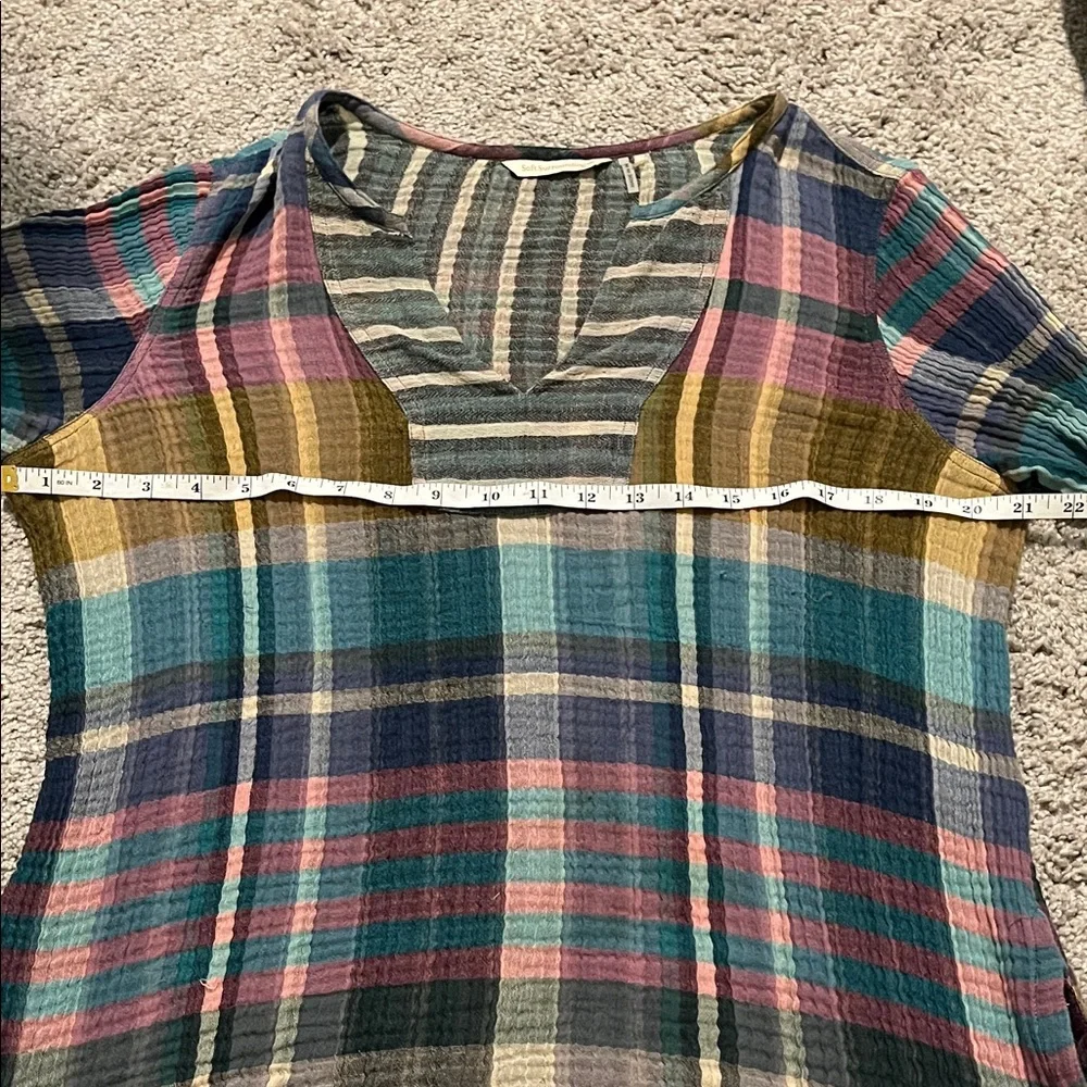 Soft Surroundings Multicolor Gauze Cotton Plaid V-Neck Top Boho Office Casual - Picture 10 of 13